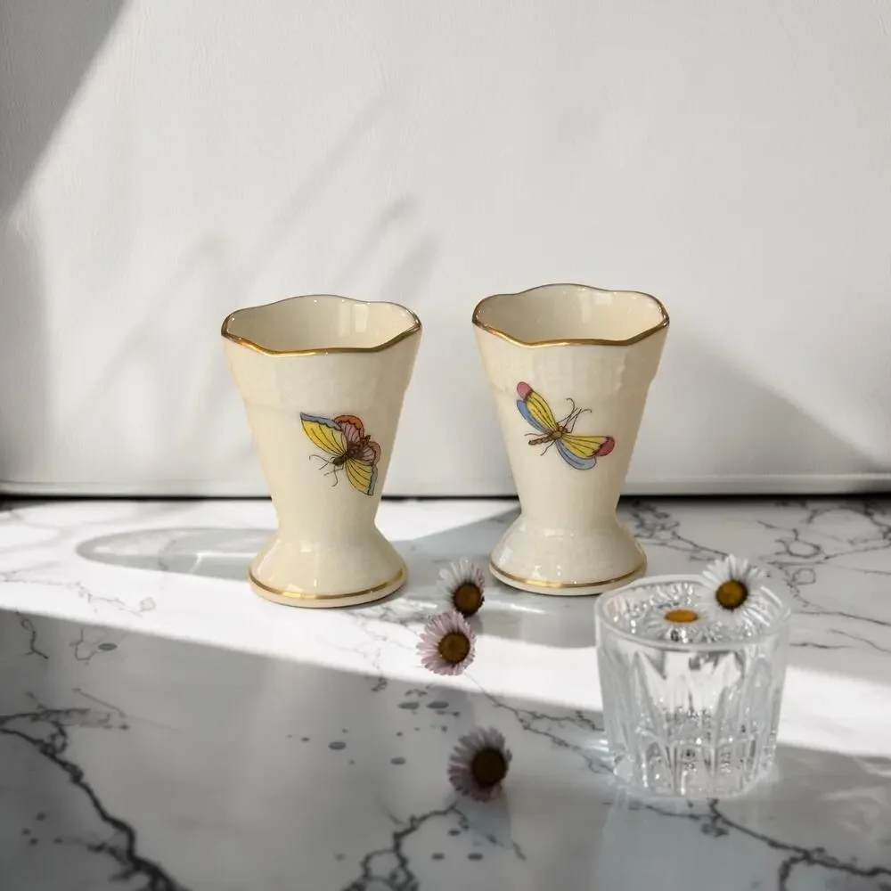 Herend Rothschild Bird Mini Vase Pair 280 RO Hand Painted Porcelain Gold Trim
